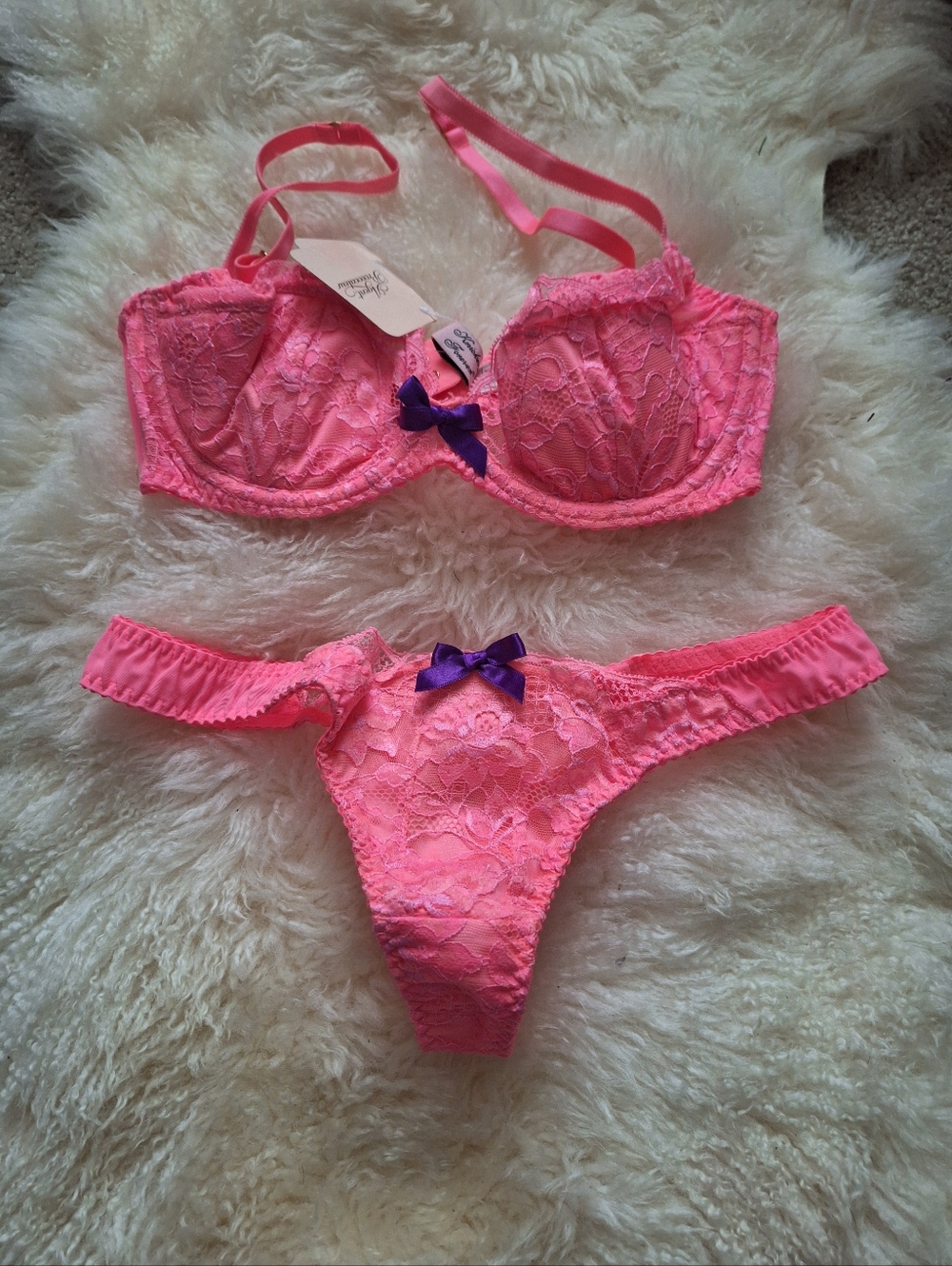 AP Pammie Pink Lace Bra & Thong Set with Contrast Bow
